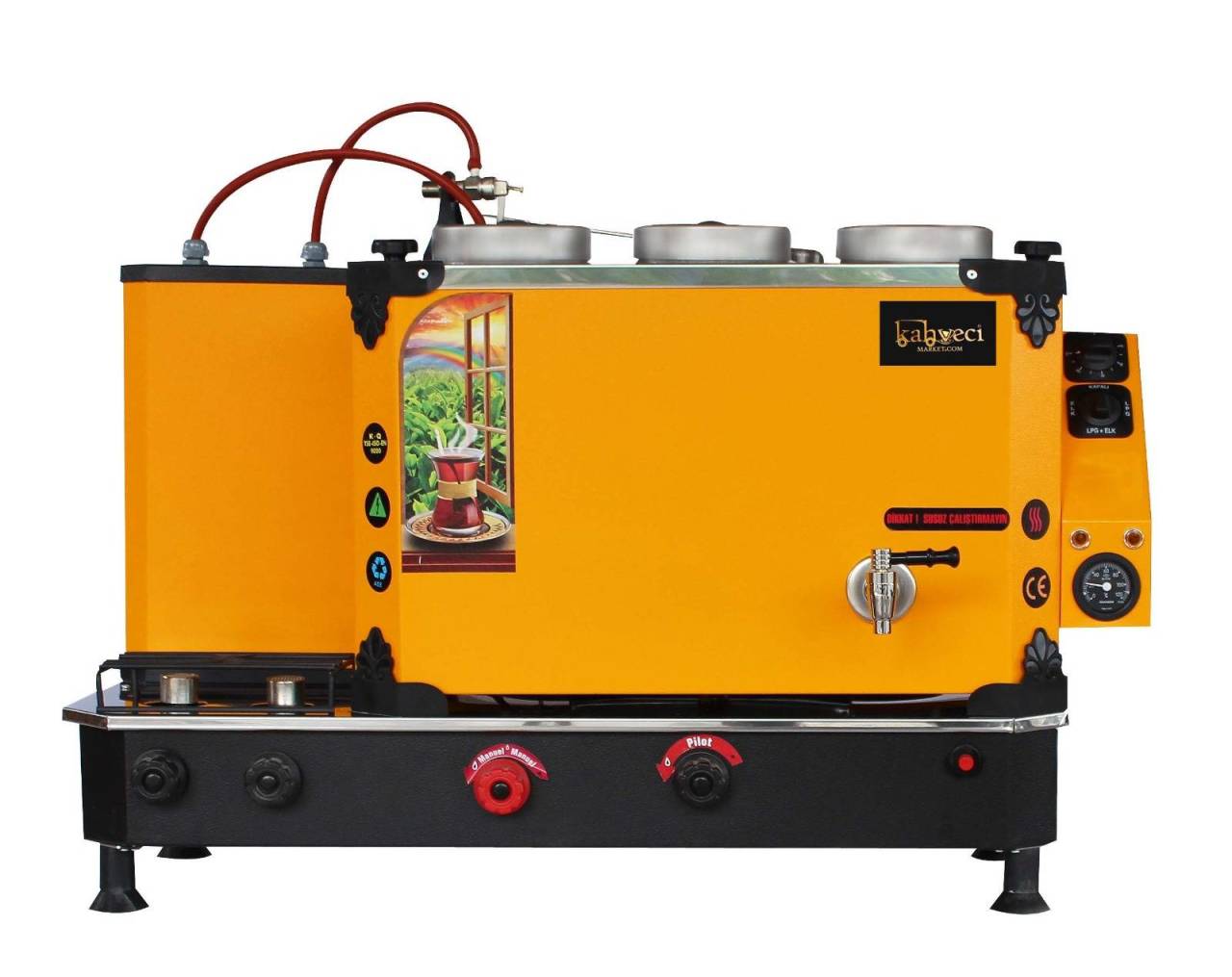 3 Demlikli Elektrostatik Sarı Fırın Boyalı Çay Kazanı ( Gazlı & Elektrikli )